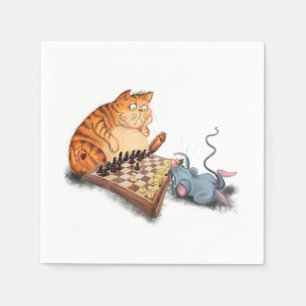 Cat and Mouse Playing Chess Cartoon Drawing Funny Napkin