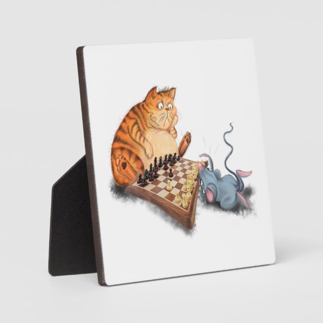 Cat and Mouse Playing Chess Cartoon Drawing Funny  Plaque (Front)