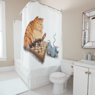 Cat and Mouse Playing Chess Cartoon Drawing Funny Shower Curtain