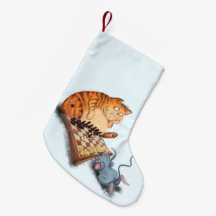 Cat and Mouse Playing Chess Cartoon Drawing Funny Small Christmas Stocking