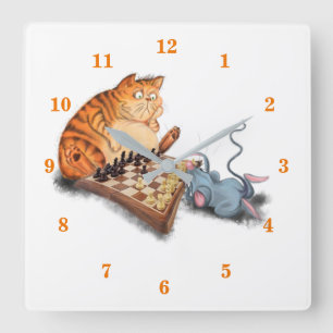 Cat and Mouse Playing Chess Cartoon Drawing Funny  Square Wall Clock