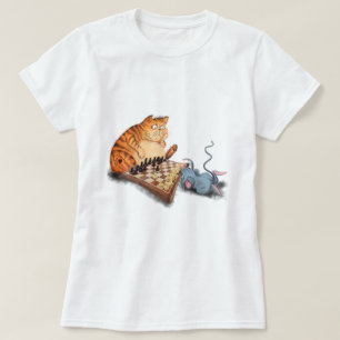 Cat and Mouse Playing Chess Cartoon Drawing Funny T-Shirt