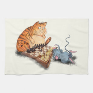 Cat and Mouse Playing Chess Cartoon Drawing Funny  Tea Towel