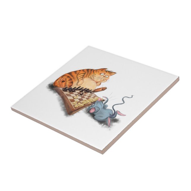 Cat and Mouse Playing Chess Cartoon Drawing Funny  Tile (Side)