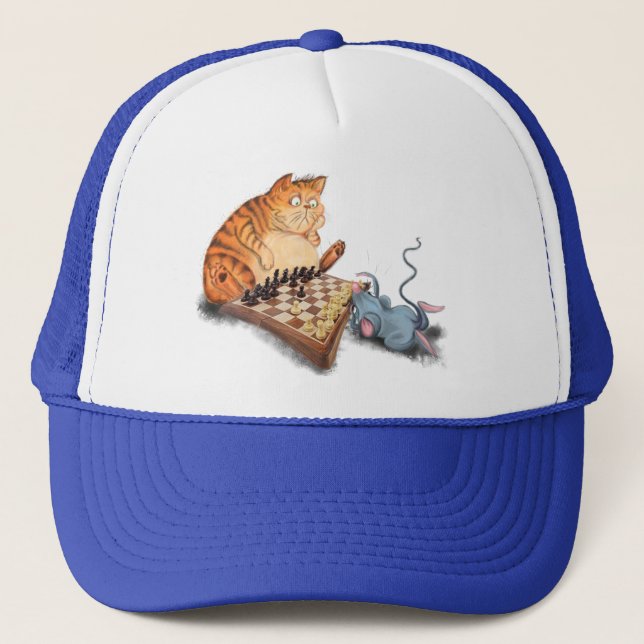 Cat and Mouse Playing Chess Cartoon Drawing Funny  Trucker Hat (Front)