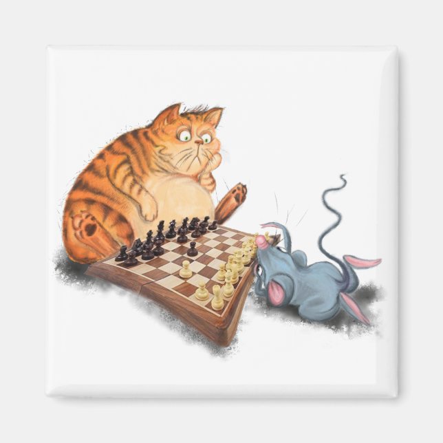 Cat and Mouse Playing Chess Cartoon Funny Painting Magnet (Front)