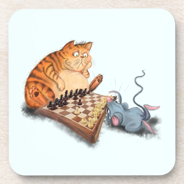 Cat and Mouse Playing Chess Coaster Fun (Front)