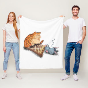 Cat and Mouse Playing Chess Fleece Blanket