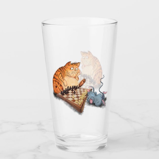 Cat and Mouse Playing Chess Funny Glass (Front)