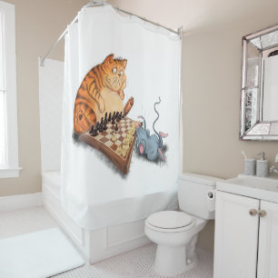 Cat and Mouse Playing Chess - Funny - Painting Shower Curtain