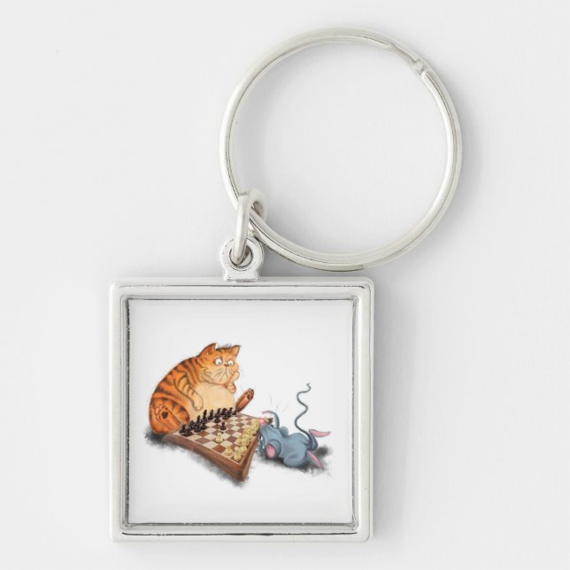 Cat and Mouse Playing Chess Keychain Funny (Front)