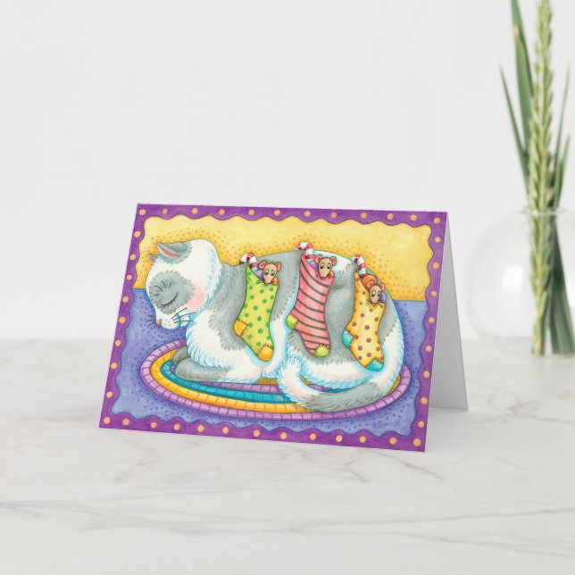 Cat and Mouse Stockings Christmas Greetings Card (Front)