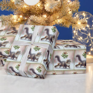 Cat and Mouse Under a Mistletoe Wrapping Paper