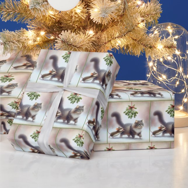 Cat and Mouse Under a Mistletoe Wrapping Paper (Holidays)