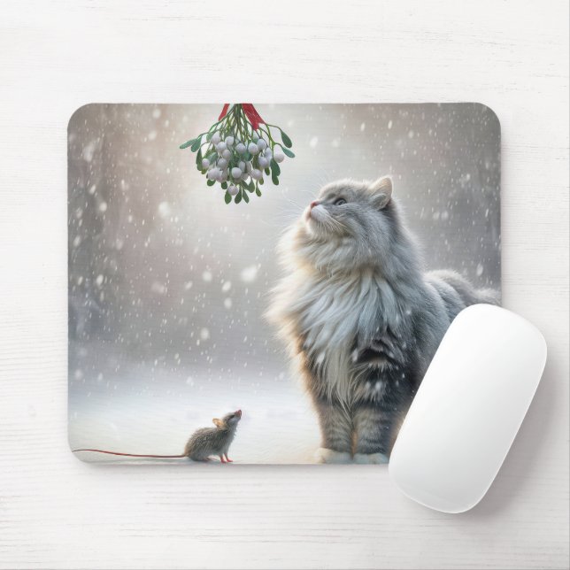 Cat and Mouse Under Mistletoe Mouse Mat (With Mouse)