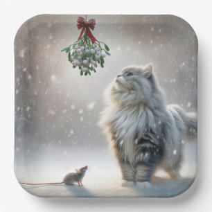 Cat and Mouse Under Mistletoe Paper Plate