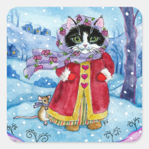 Cat and mouse winter valentine stickers