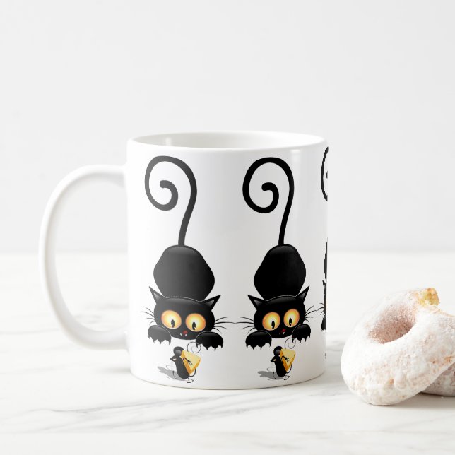 Cat and Mouse with Cheese Fun Cartoon Characters Coffee Mug (With Donut)
