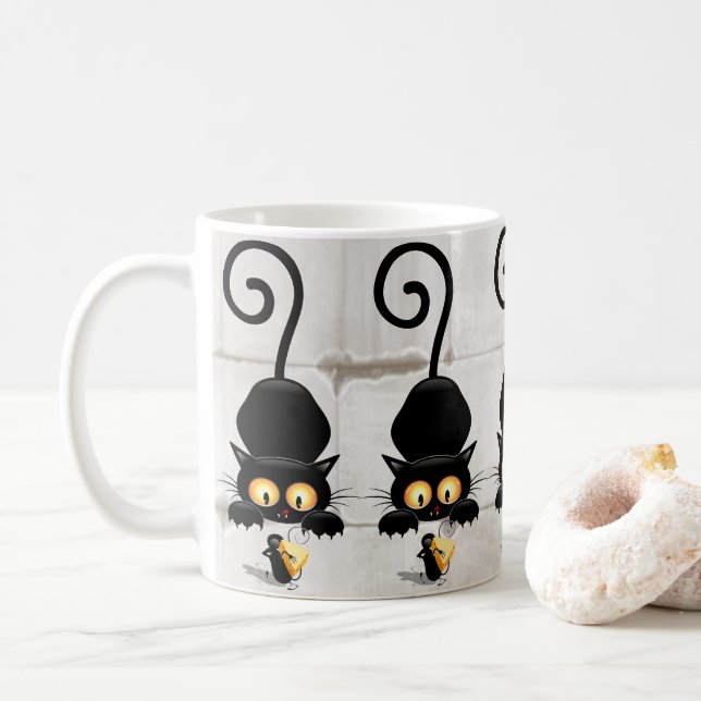 Cat and Mouse with Cheese Fun Cartoon Characters Coffee Mug (With Donut)