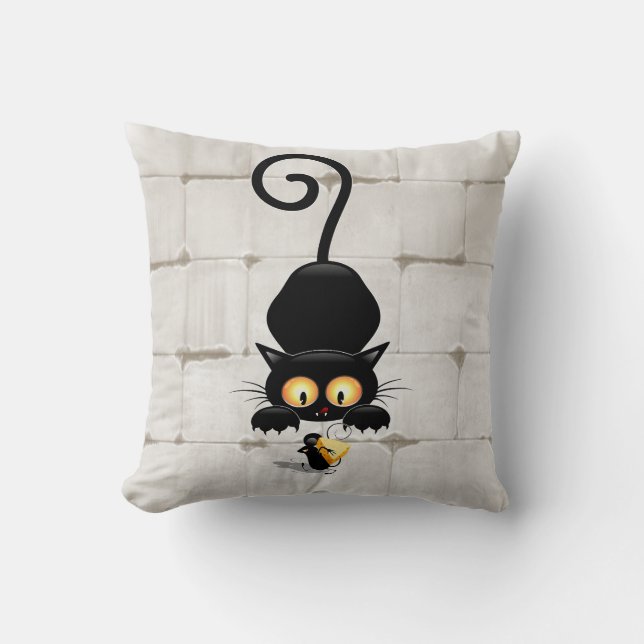 Cat and Mouse with Cheese Fun Cartoon Characters Cushion (Front)