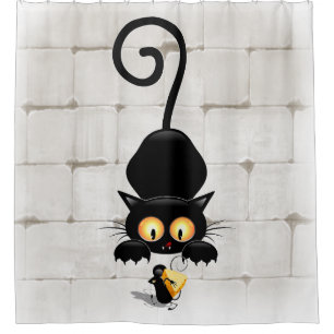 Cat and Mouse with Cheese Fun Cartoon Characters Shower Curtain