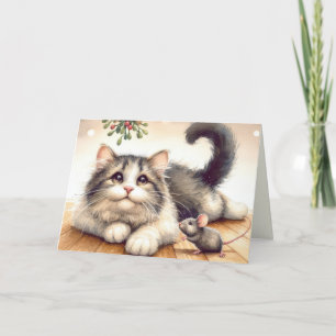 Cat and Mouse With Mistletoe Holiday Card