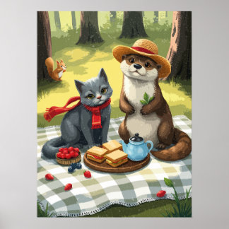 cat and otter having a forest picnic poster