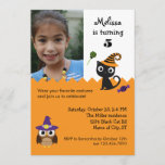 Cat and Owl Halloween Birthday Photo Invitation<br><div class="desc">This cute invitation is ideal to celebrate a birthday party with a Halloween theme. It features a cat and an owl character and a few candies. Add a picture a picture of the birthday child for an extra personal touch. The orange, purple and white colour palette is ideal for this...</div>