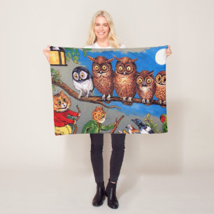 Cat and Owl, Louis Wain Fleece Blanket