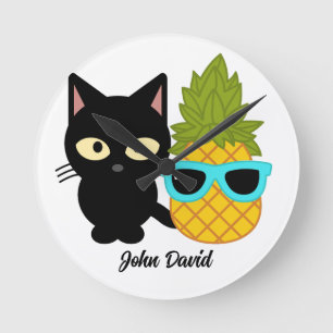 cat and pineapple are best friends, personalise round clock