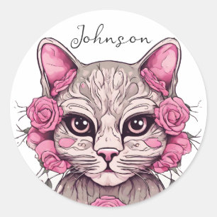 Cat and Pink Roses Sticker Envelope Seal Floral