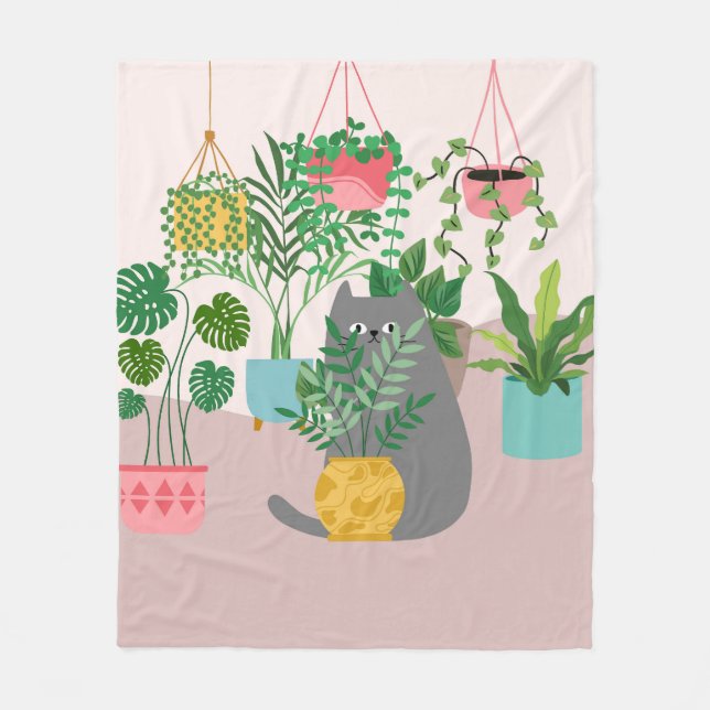 Cat and Plants Fleece Blanket (Front)