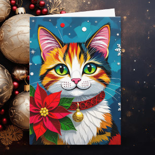 Cat and Poinsettia Personalized Christmas Holiday Card