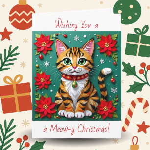 Cat and Poinsettia Personalized Christmas Holiday Card