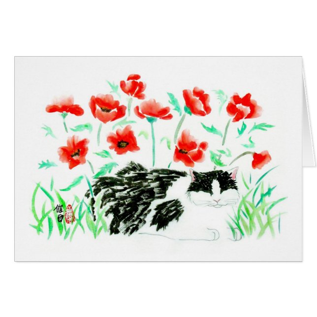 Cat and Poppies card (Front Horizontal)