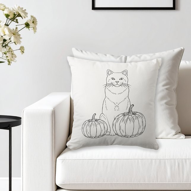 Cat And Pumpkins Minimalist Line Art Autumn Cushion (Creator Uploaded)
