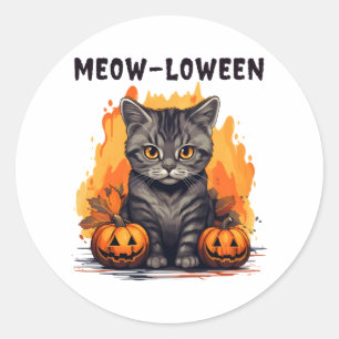 Cat and pumpkins with humourous halloween phrase classic round sticker