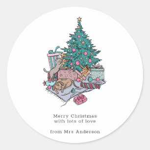 Cat And Puppy Christmas Tree Simple Minimalist Classic Round Sticker