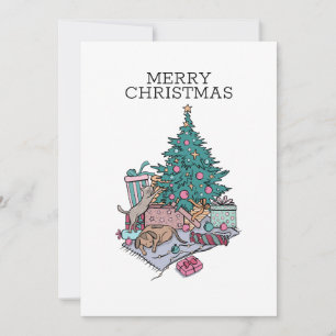Cat And Puppy Christmas Tree Simple Minimalist Holiday Card