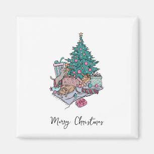 Cat And Puppy Christmas Tree Simple Minimalist Magnet