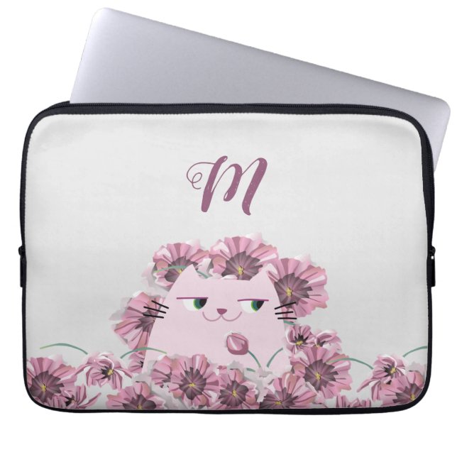 Cat and Purple Flowers Monogrammed Laptop Sleeve (Front)