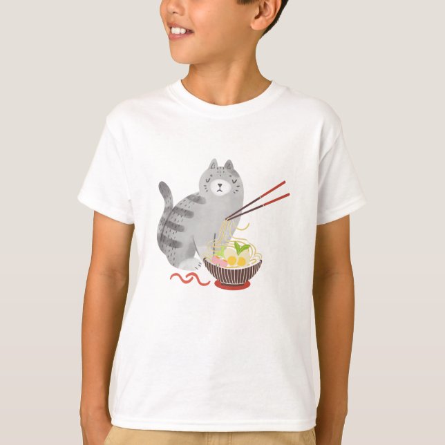 Cat and Ramen, kawaii cat T-Shirt (Front)