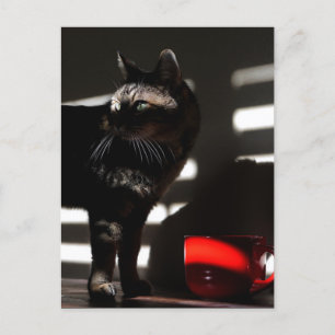 Cat and Red Cup  Art Photograph  Like A Movie Shot Postcard
