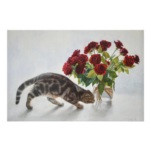 Cat and Red Roses – Realistic Oil Painting Print