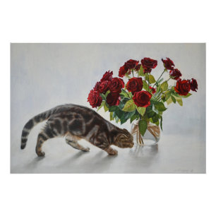 Cat and Red Roses – Realistic Oil Painting Print