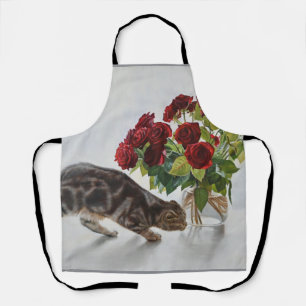 Cat and Red Roses – Realistic Oil Painting Print Apron