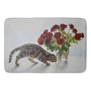 Cat and Red Roses – Realistic Oil Painting Print Bath Mat