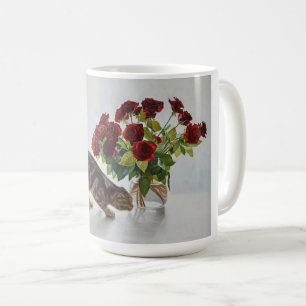 Cat and Red Roses – Realistic Oil Painting Print Coffee Mug