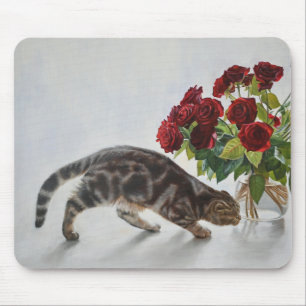 Cat and Red Roses – Realistic Oil Painting Print Mouse Mat