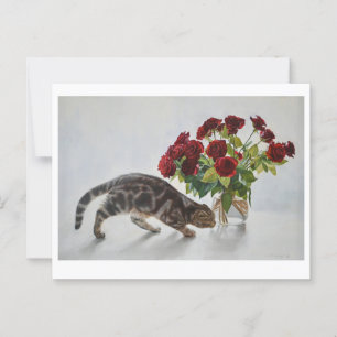 Cat and Red Roses – Realistic Oil Painting Print Postcard